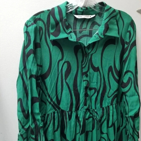Zara Swirl Print Green Black Long Sleeve Button Up Maxi Dress Blogger's Fav M - Picture 15 of 16